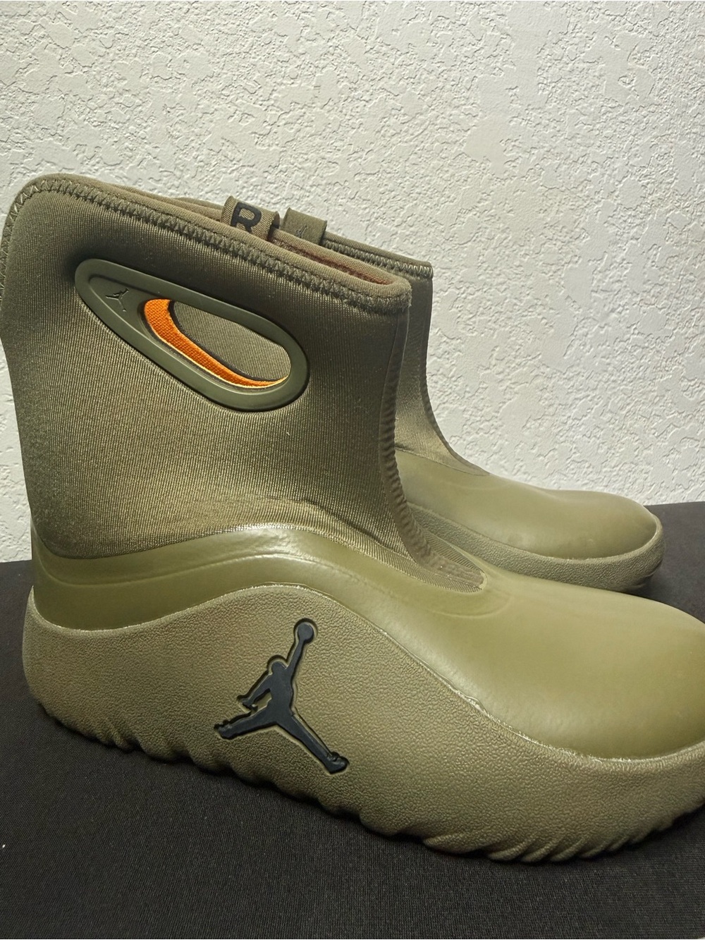 Jordan Kids Olive Green Slip-On Rain Boots with Orange Accent size 12c